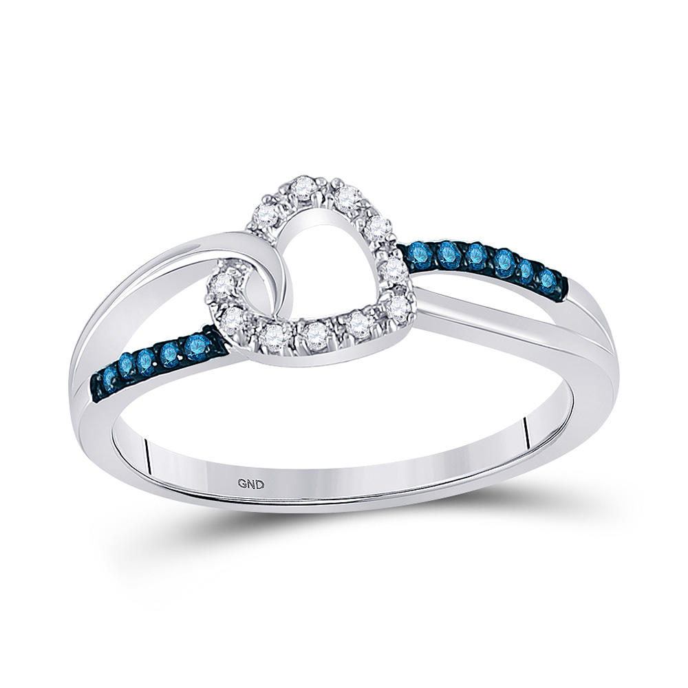 Diamond2Deal 10kt White Gold Womens Round Blue Color Enhanced Diamond Captured Heart Ring 1/10 Cttw