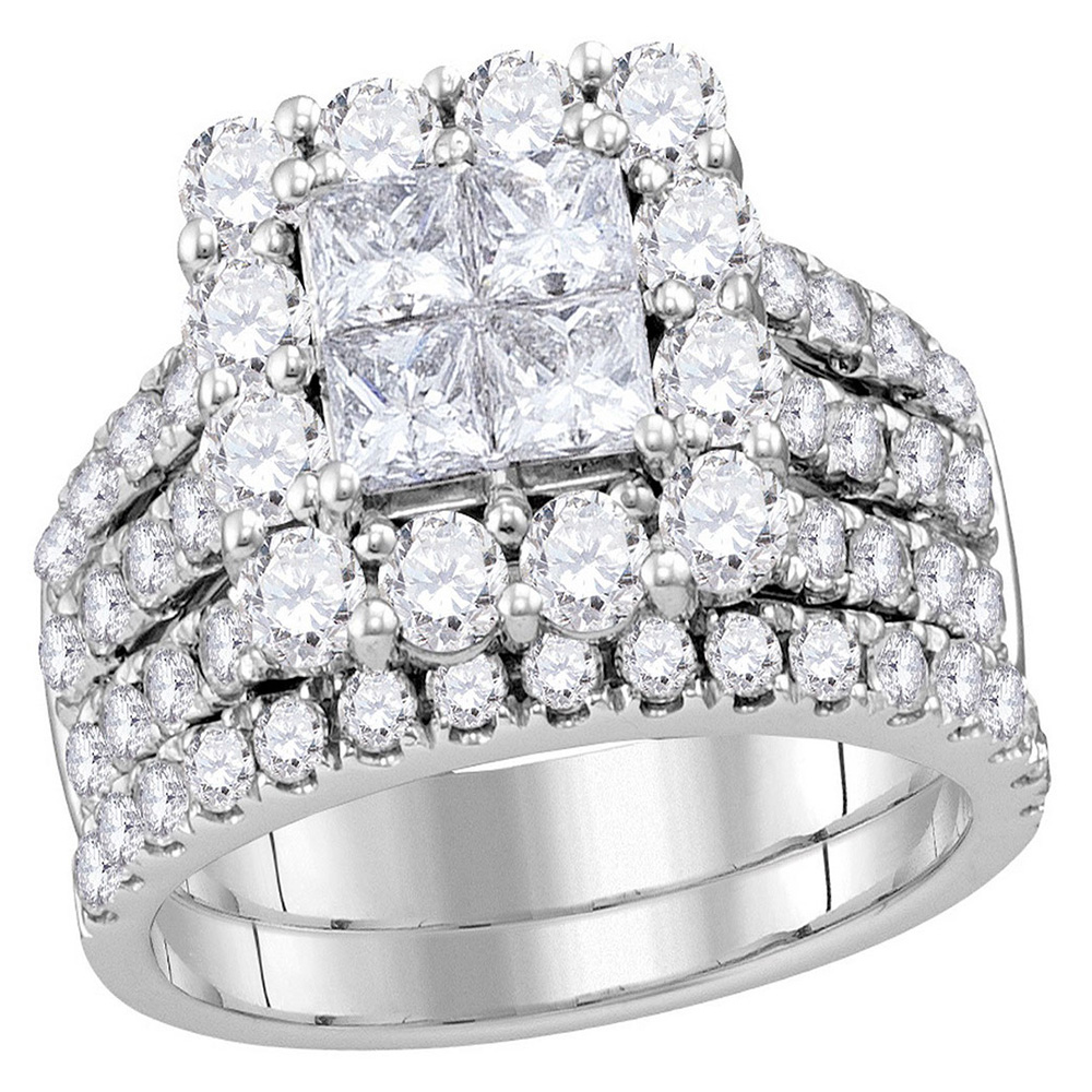 Diamond2Deal 14kt White Gold Womens Princess Diamond Cluster Bridal Wedding Engagement Ring Band Set 3.00 Cttw