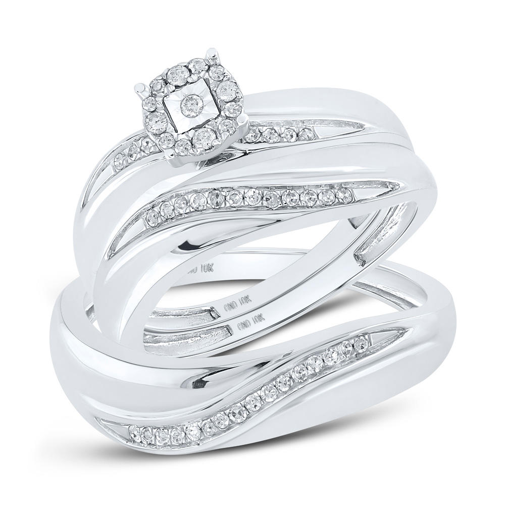 Diamond2Deal 10k White Gold Round Diamond Mens Womens Trio Matching Halo Wedding Bridal Ring Set 1/5 Cttw