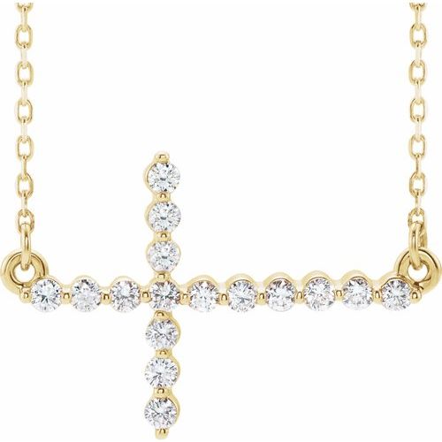 Diamond2Deal 14K Yellow Gold Round Diamond Sideways Cross Necklace 18 inch for women Fine Jewelry Ideal Gifts For Women Gift Set From Heart