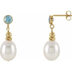 Diamond2Deal 14k Yellow Gold Freshwater Pearl and Swiss Blue Topaz Dangle Earrings Fine Jewelry gift From Hearts