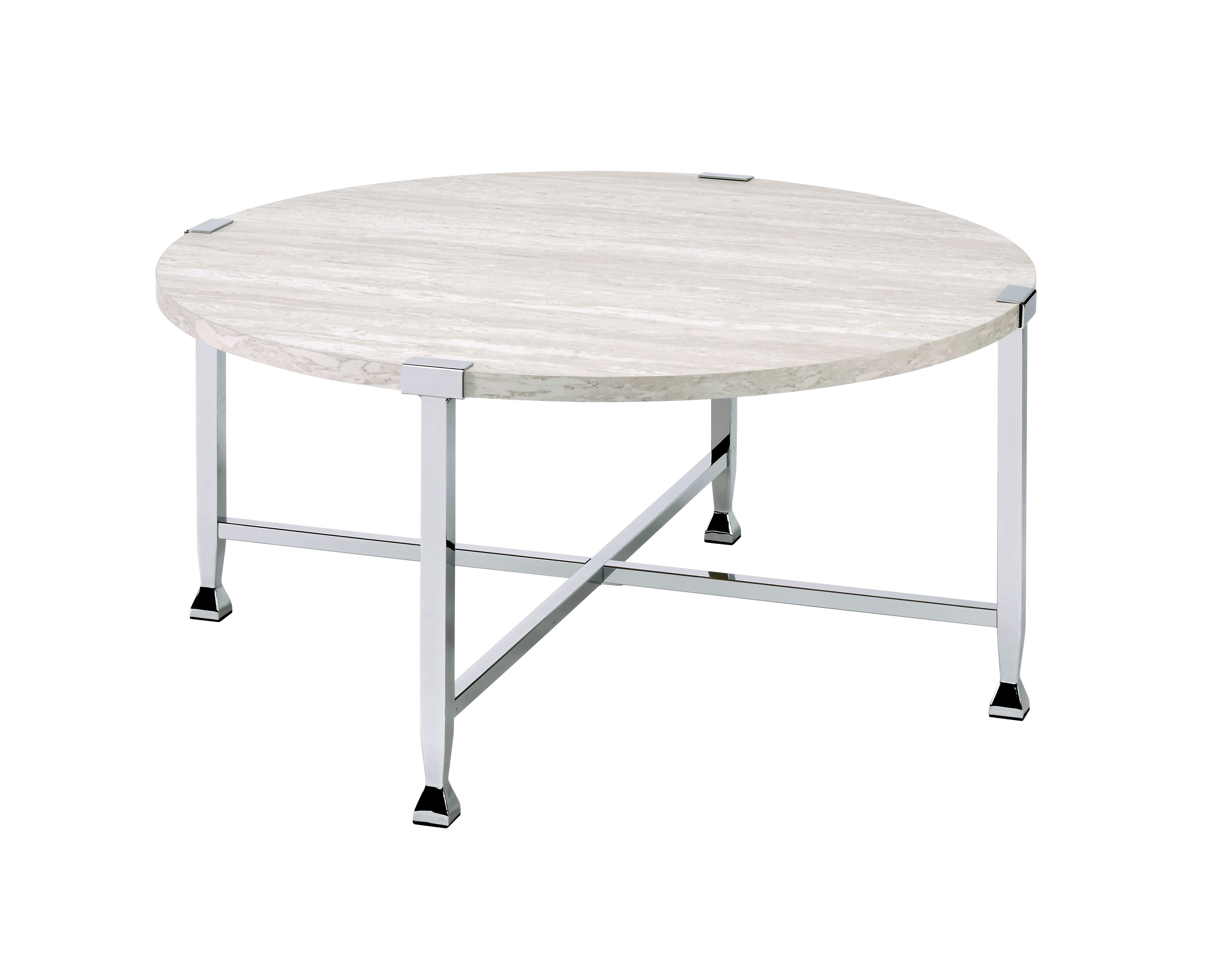 Benjara Coffee Table With X Shaped Metal Base And Round Wooden Top Silver And Beige