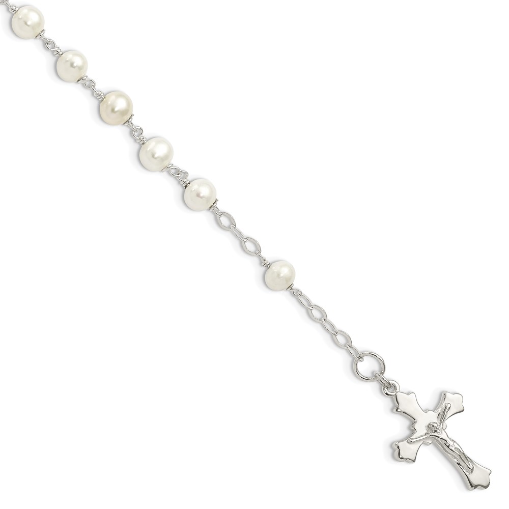 Diamond2Deal 925 Sterling Silver Pearl Rosary Bracelet 7.5inch for women
