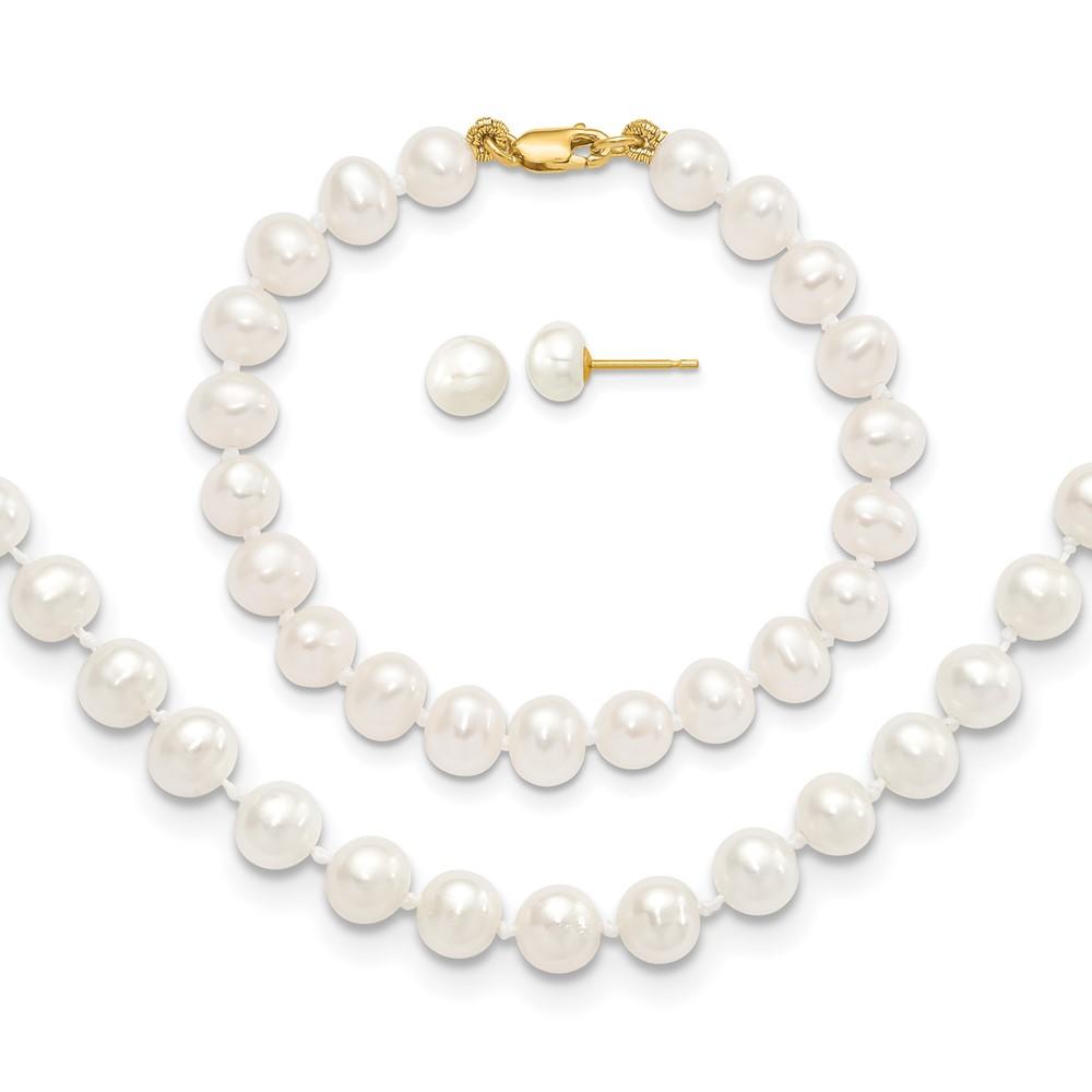 Diamond2Deal 14k Yellow Gold 5-6mm FW Cultured Pearl 5in Bracelet, 14in Necklace & Earring Set (W-6mm)