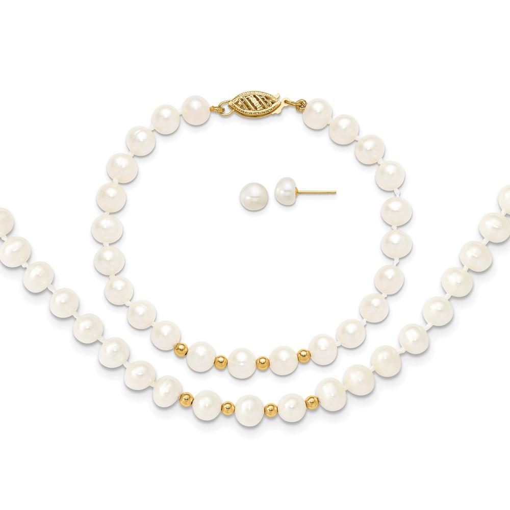 Diamond2Deal 14k Yellow Gold 6-7mm White FW Cultured Pearl 18in. Necklace 7.25 Bracelet Earring Set, 18" (W-7mm)