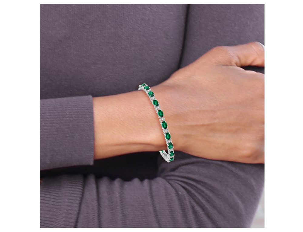 Gem And Harmony 10.50 Carat (ctw) Lab Created Emerald Bracelet in 14K White Gold with Diamonds