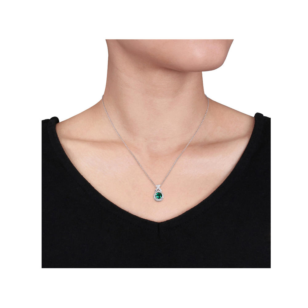 Gem And Harmony 1.46 Carat (ctw) Lab-Created Emerald and White Sapphire TearDrop Pendant Necklace in Sterling Silver with Chain