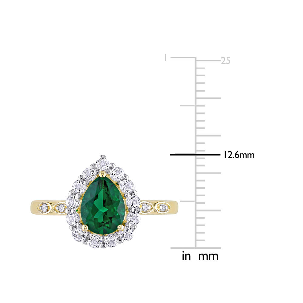 Gem And Harmony 1.67 Carat (ctw) Lab-Created Green Emerald and White Topaz Halo Ring in 10K Yellow Gold