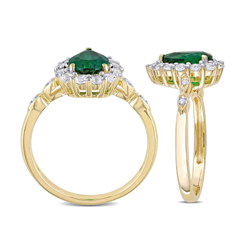 Gem And Harmony 1.67 Carat (ctw) Lab-Created Green Emerald and White Topaz Halo Ring in 10K Yellow Gold