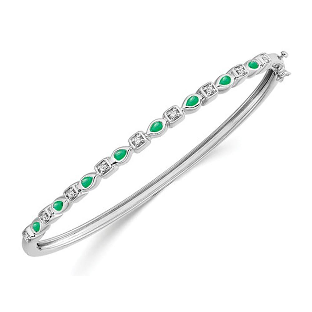 Gem And Harmony 2/5 Carat (ctw) Emerald Bangle Bracelet in 14K White Gold with DIamonds