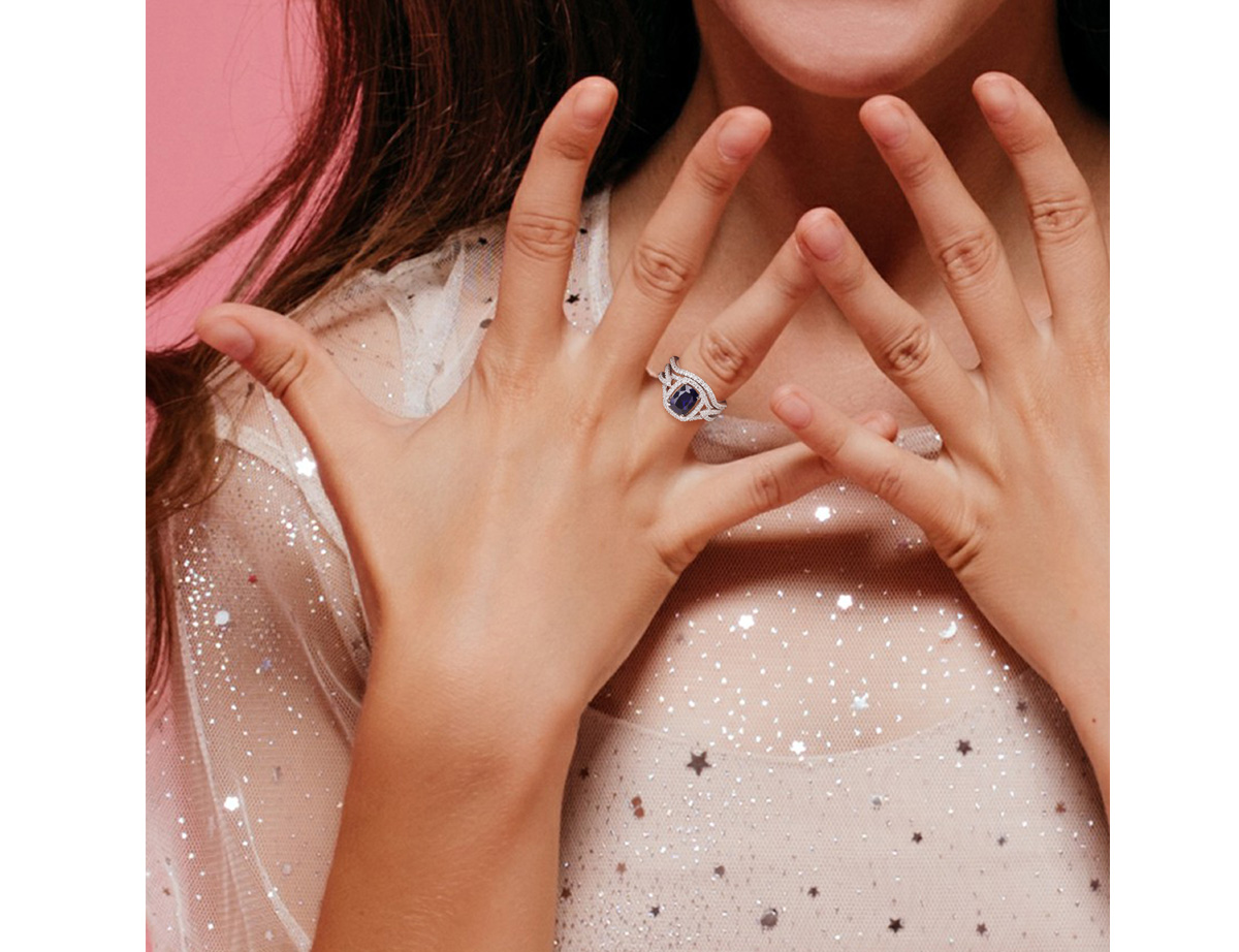 Gem And Harmony 2.20 Carat (ctw) Lab-Created Blue Sapphire with Diamonds Bridal Wedding Set Engagement Ring 10K White Gold