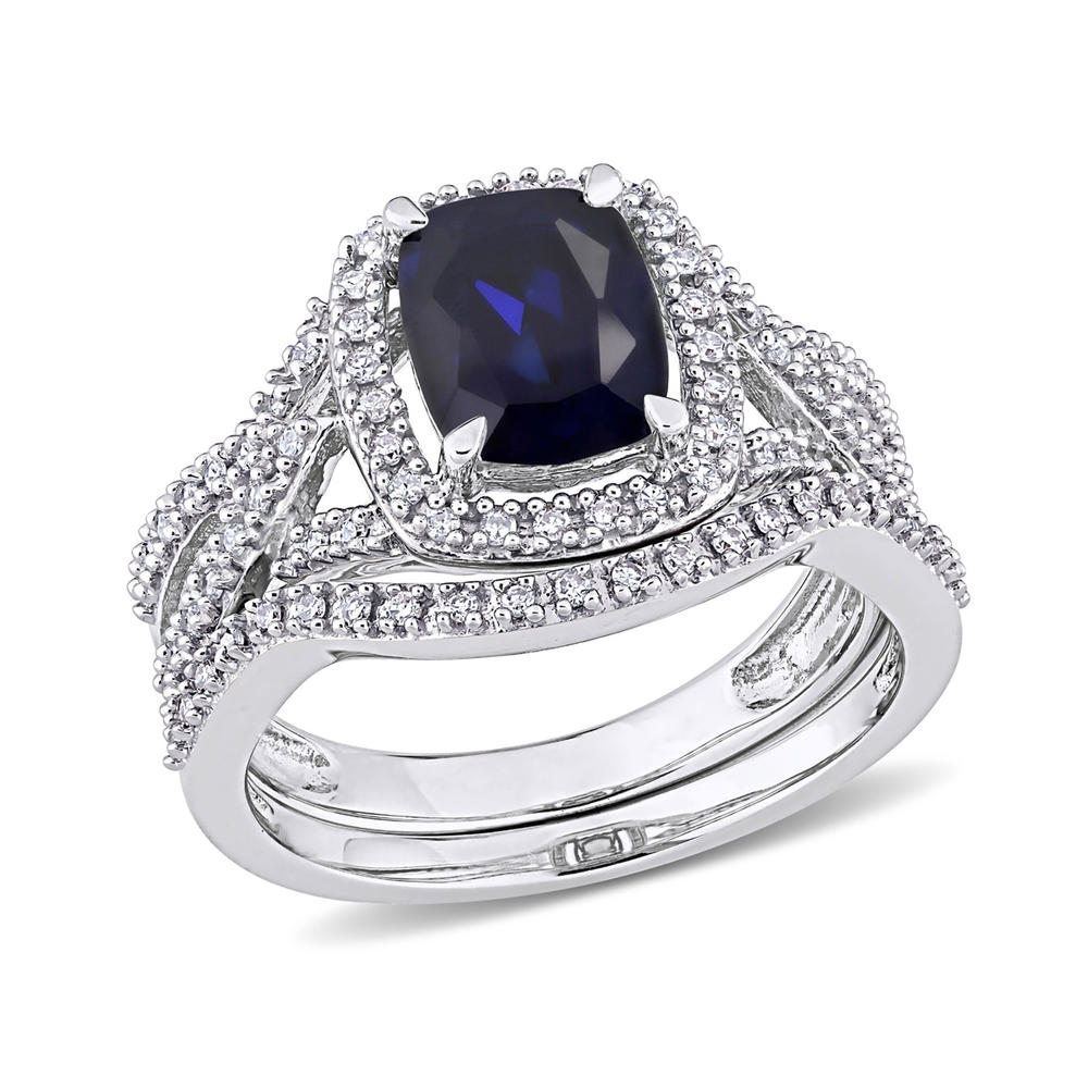 Gem And Harmony 2.20 Carat (ctw) Lab-Created Blue Sapphire with Diamonds Bridal Wedding Set Engagement Ring 10K White Gold