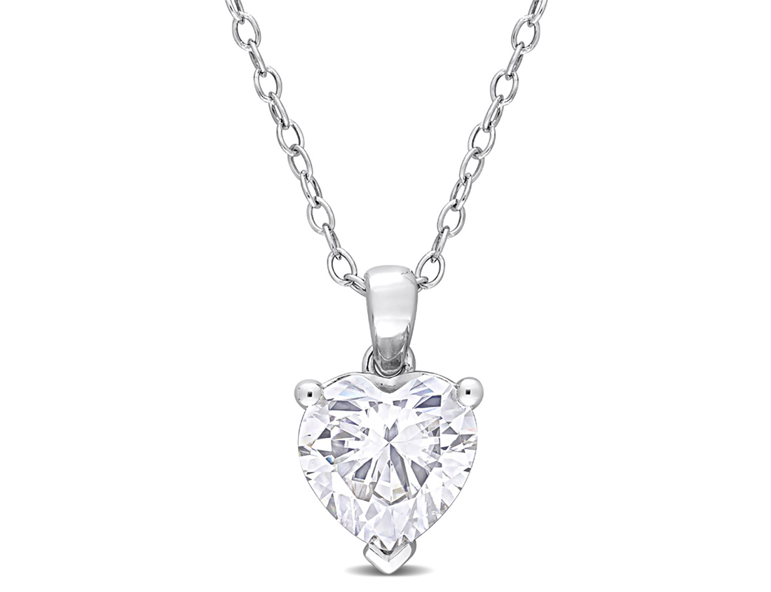 Gem And Harmony 2.00 Carat (ctw) Lab-Created Moissanite Solitaire Heart Pendant Necklace in Sterling Silver with Chain (8mm)