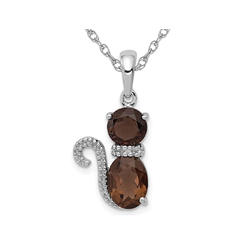 Gem And Harmony 1.90 Carat (ctw) Smoky Quartz Cat Charm Pendant Necklace in Sterling Silver with Chain