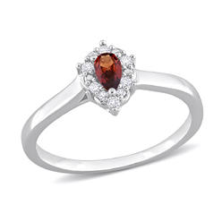 Gem And Harmony 1/4 Carat (ctw) Garnet Halo Drop Ring in Sterling Silver with Diamonds