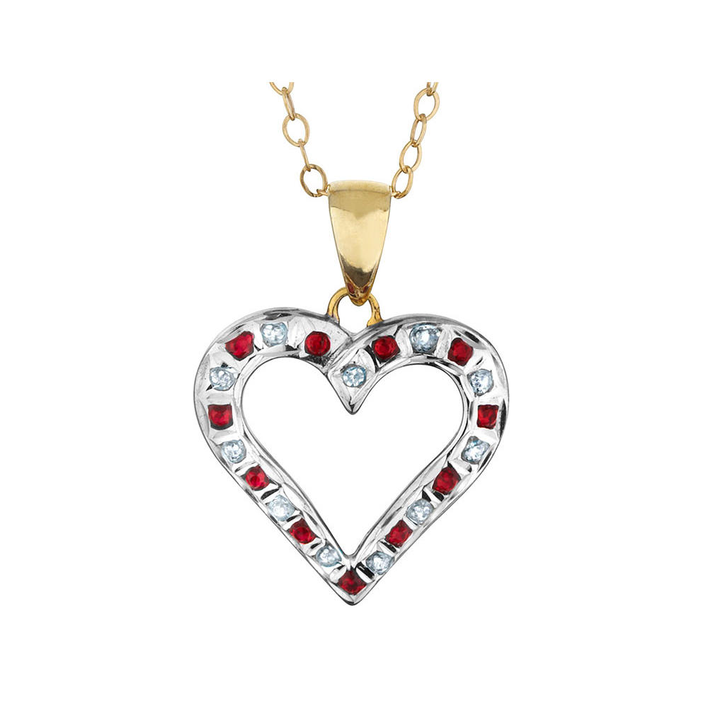 Gem And Harmony Natural Accent Ruby and Accent Diamond Heart Pendant Necklace in Sterling Silver with Chain