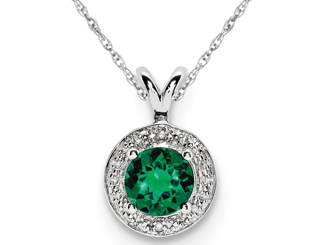Gem And Harmony Lab Created Emerald Dangle Pendant Necklace in Polished Sterling Silver with Chain
