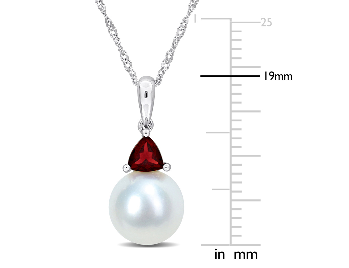 Gem And Harmony 8-8.5mm Freshwater Cultured Drop Pearl Pendant Necklace with Garnet in 10K White Gold with Chain