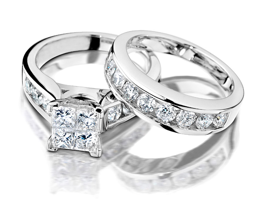 Gem And Harmony 1.50 Carat (ctw H-I, I2-I3) Princess Cut Diamond Engagement Ring and Wedding Band Set in 14K White Gold