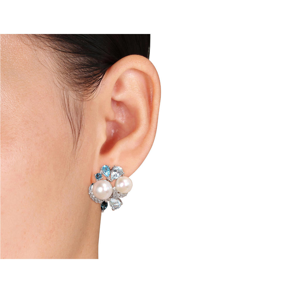 Gem And Harmony White Freshwater Cultured Pearl with Created White Sapphire, Blue Topaz 3 1/2 Carat (ctw) cluster Earrings Sterling Silver