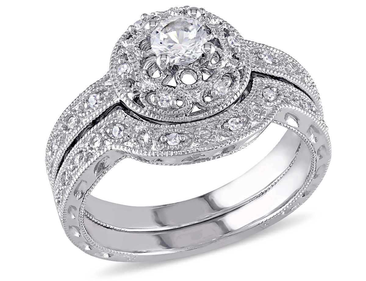 Gem And Harmony 1/3 Carat (ctw) Lab-Created White Sapphire Bridal Engagement Ring and Wedding Band Set with Diamonds in Sterling Silver