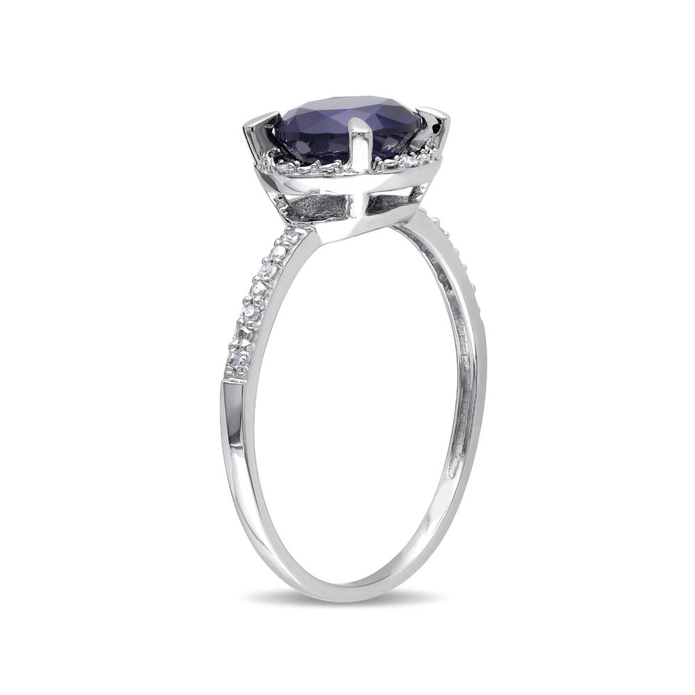 Gem And Harmony Lab Created Blue Sapphire Halo Ring 1.60 Carat with Accent Diamonds in 10K White Gold