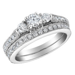 Gem And Harmony 1.00 Carat (ctw) Three Stone Diamond Engagement Ring and Wedding Band Set in 10K White Gold