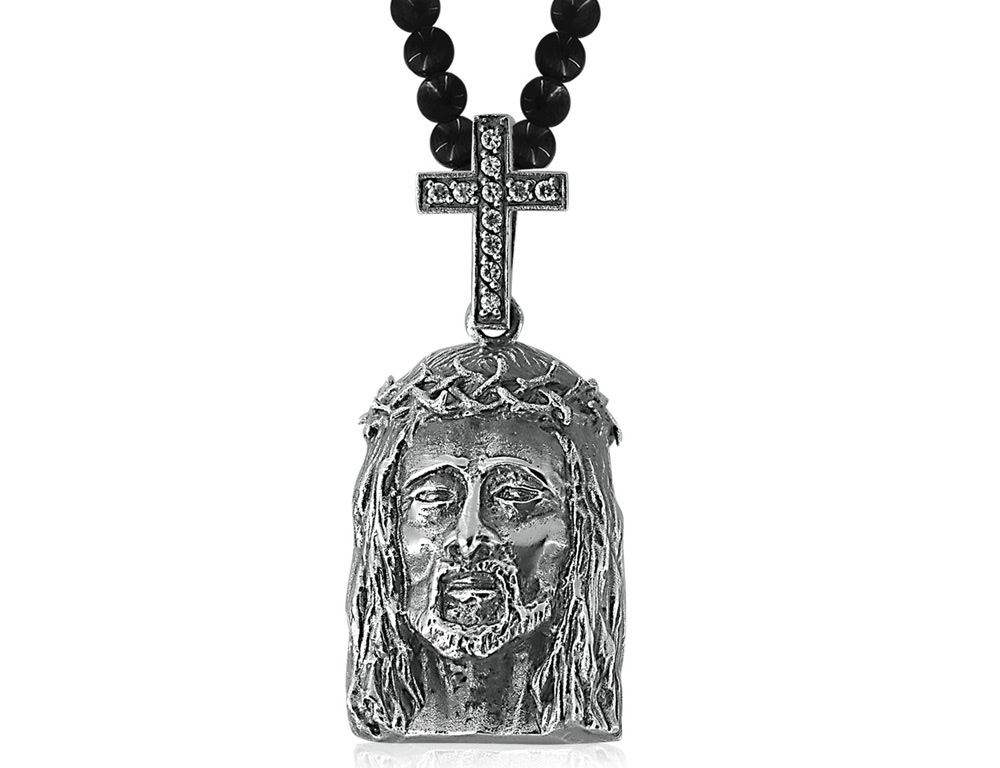 Gem And Harmony David Sigal Black Onyx Jesus Necklace Pendant in Stainless Steel