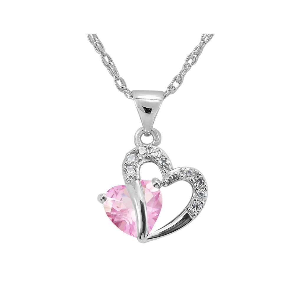 Gem And Harmony Created Pink &  White Sapphire Two Hearts Pendant in Sterling Silver with Chain