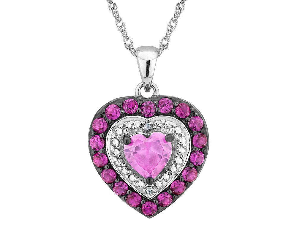 Gem And Harmony Lab-Created Ruby & Pink Sapphire Heart Pendant Necklace in Sterling Silver with Chain