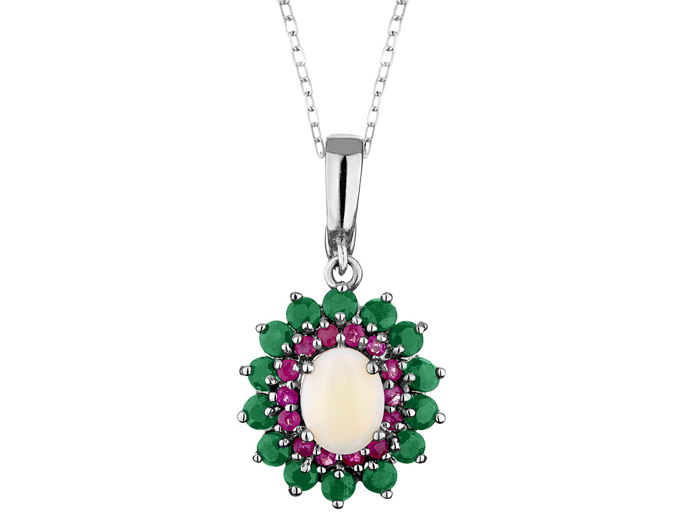 Gem And Harmony Emerald, Created Ruby and Created Opal Pendant Necklace 3.45 Carats (ctw) in Sterling Silver with Chain