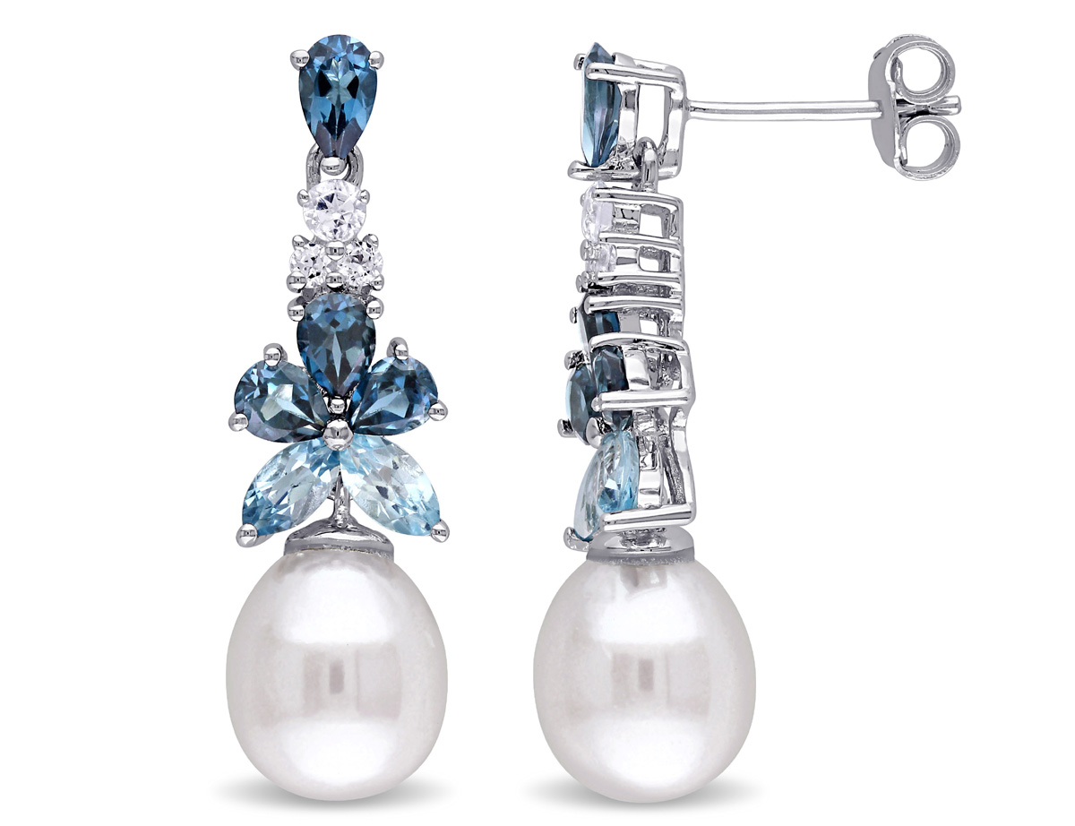 Gem And Harmony White Freshwater Cultured Pearl 8.5-9 mm with Blue and White Topaz Drop Earrings In Sterling Silver