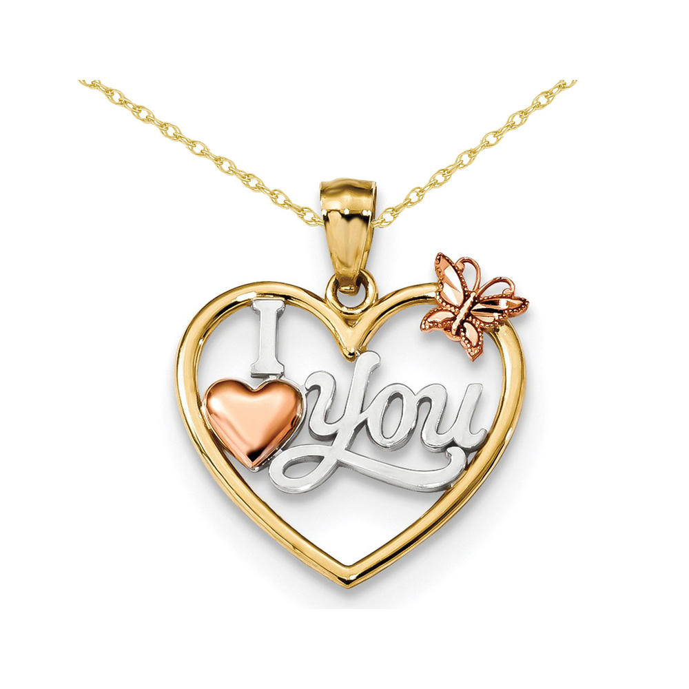 Gem And Harmony I Love You Heart with Butterfly Pendant Necklace in 14K Yellow & Rose Gold