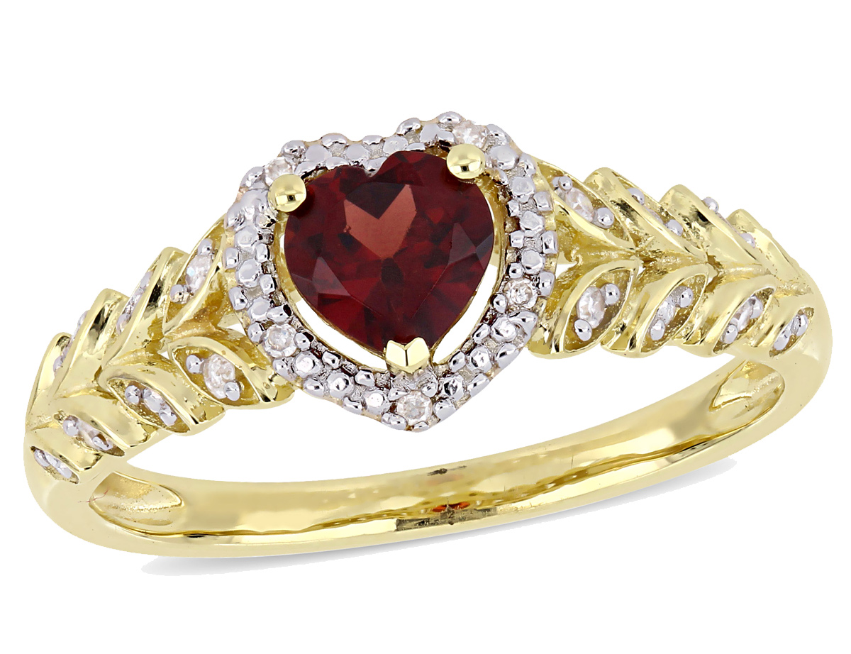 Gem And Harmony 1/2 Carat (ctw) Natural Garnet Heart Promise Ring in 10K Yellow Gold with Diamonds