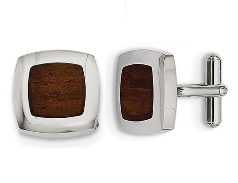 Gem And Harmony Mens Stainless Steel Wood Inlay Cuff Links