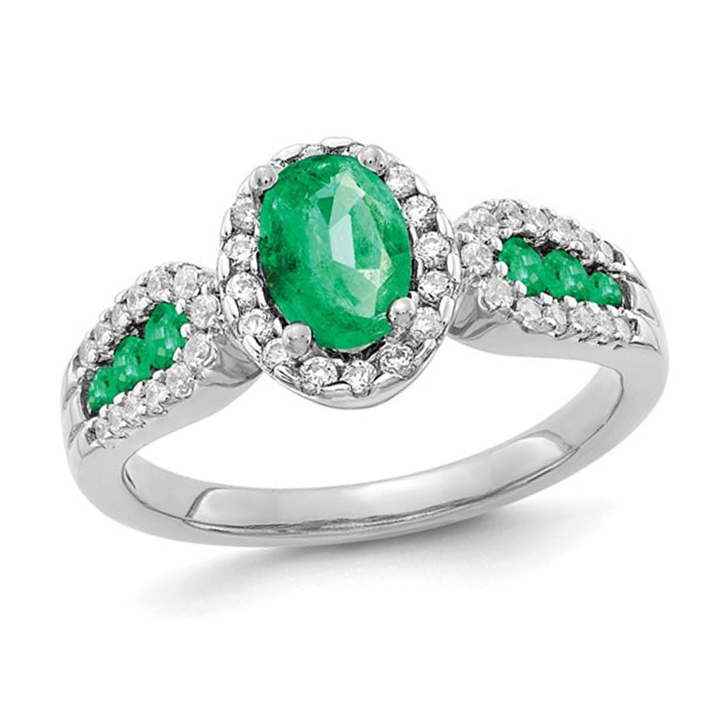 Gem And Harmony 1.00 Carat (ctw) Natural Emerald Ring in 14K White Gold with Diamonds
