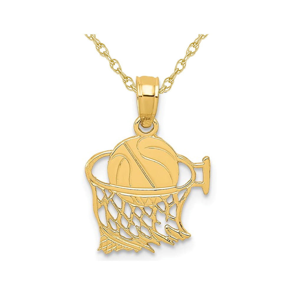 Gem And Harmony 14K Yellow Gold Basketball and Hoop Pendant Necklace with Chain