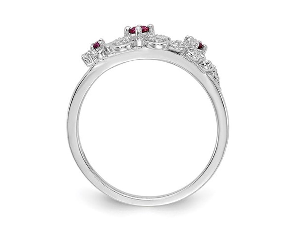 Gem And Harmony 1/8 Carat (ctw) Natural Ruby Flower Ring in 14K White Gold with Diamonds