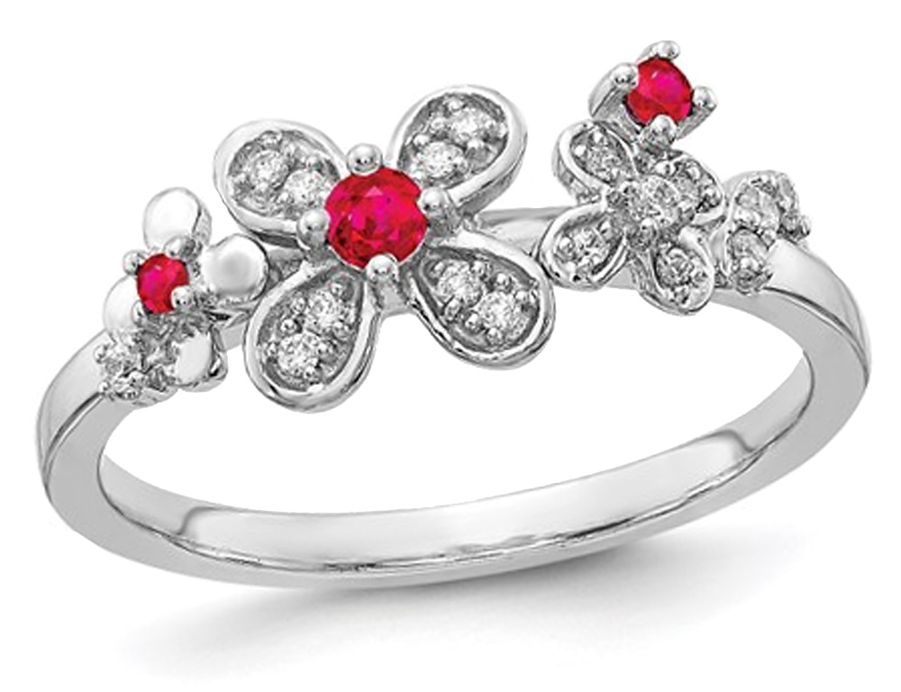 Gem And Harmony 1/8 Carat (ctw) Natural Ruby Flower Ring in 14K White Gold with Diamonds