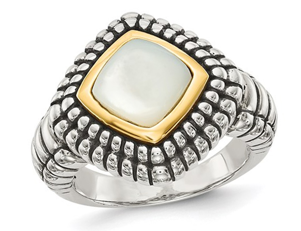 Gem And Harmony White Mother of Pearl Ring in Sterling Silver with 14K Gold Accents