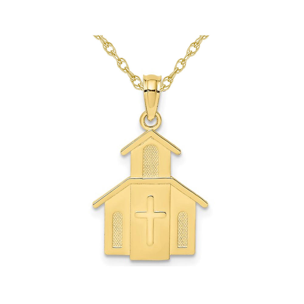 Gem And Harmony 10K Yellow Gold Church with Cross Charm Pendant Necklace with Chain
