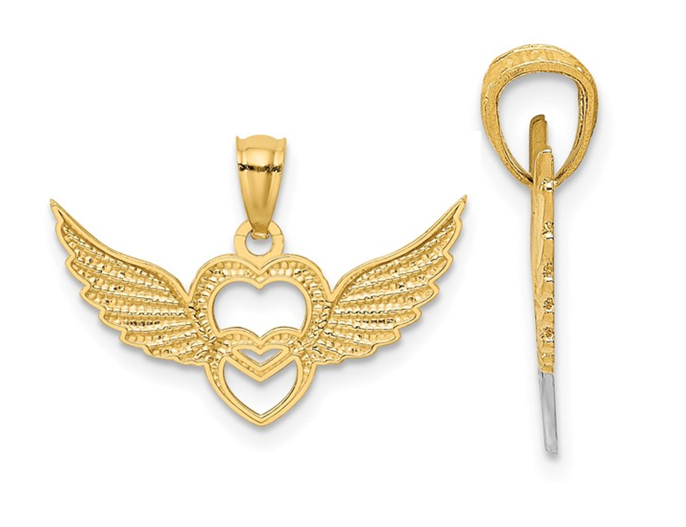Gem And Harmony 14K Yellow and White Gold Heart with Wings Charm Pendant Necklace with Chain