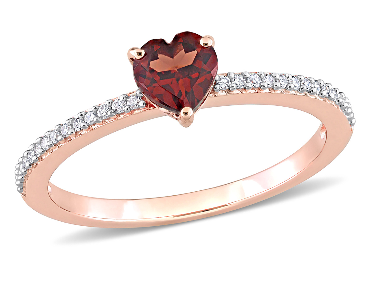 Gem And Harmony 1/2 Carat (ctw) Garnet Heart Promise Ring in 10K Rose Pink Gold with Diamonds