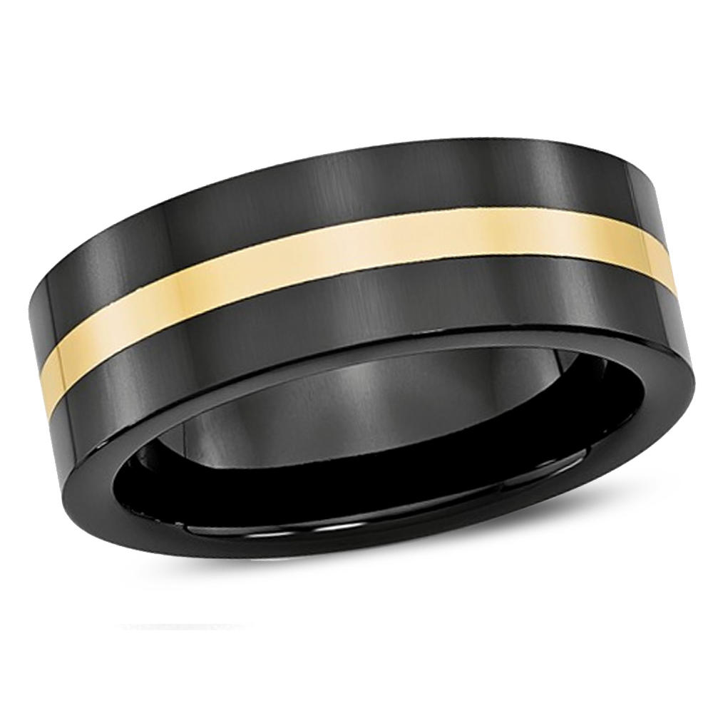 Gem And Harmony Mens Black Ceramic Wedding Band Ring 8mm with 14K Yellow Gold Inlay