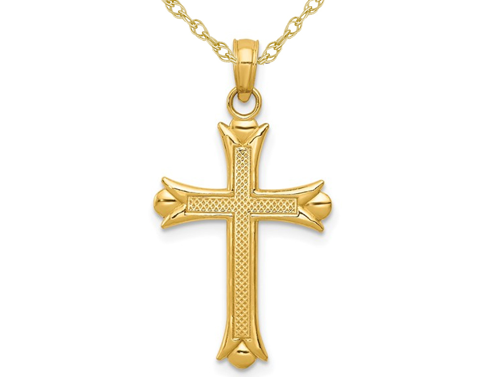 Gem And Harmony 14K Yellow Gold Fleur De Lis Cross Pendant Necklace with Chain
