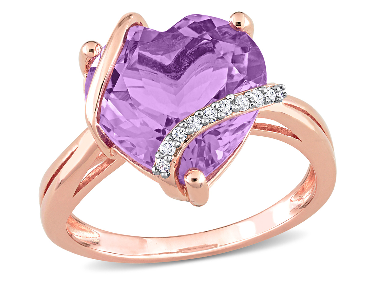 Gem And Harmony 6.50 Carat (ctw) Amethyst Promise Heart Ring in Rose Plated Sterling Silver with Accent Diamonds