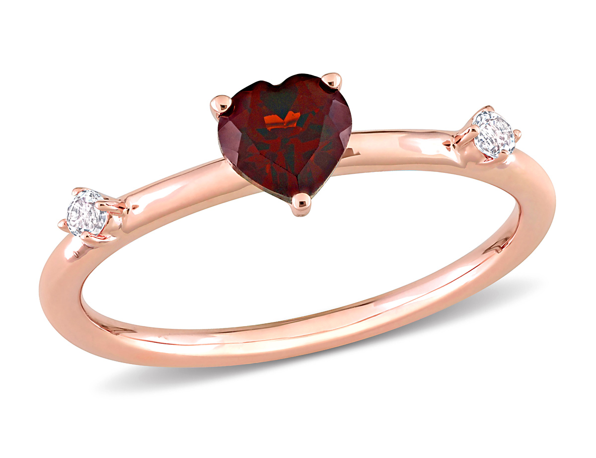 Gem And Harmony 5/8 Carat (ctw) Garnet Heart Promise Ring in 10K Rose Pink Gold with White Topaz