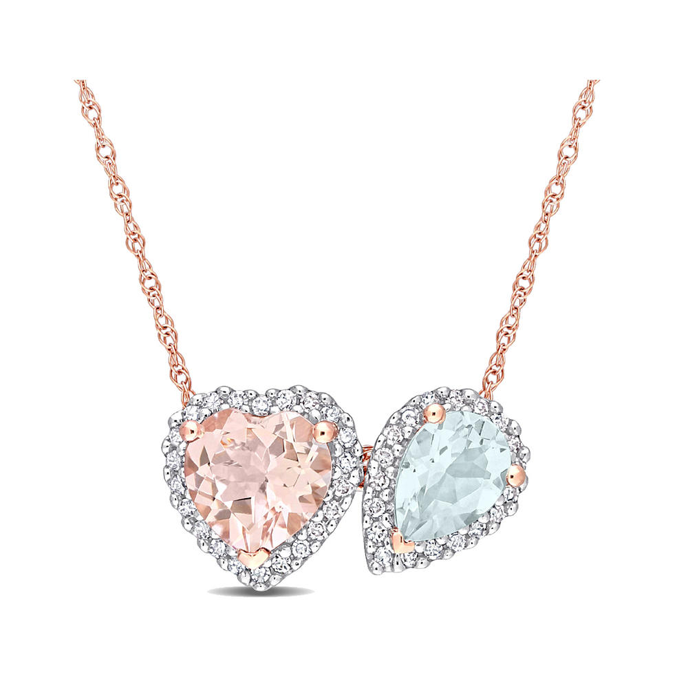 Gem And Harmony 1.75 Carat (ctw) Morganite and Aquamarine Heart Pear Pendant Necklace in 10K Rose Pink Gold with Chain