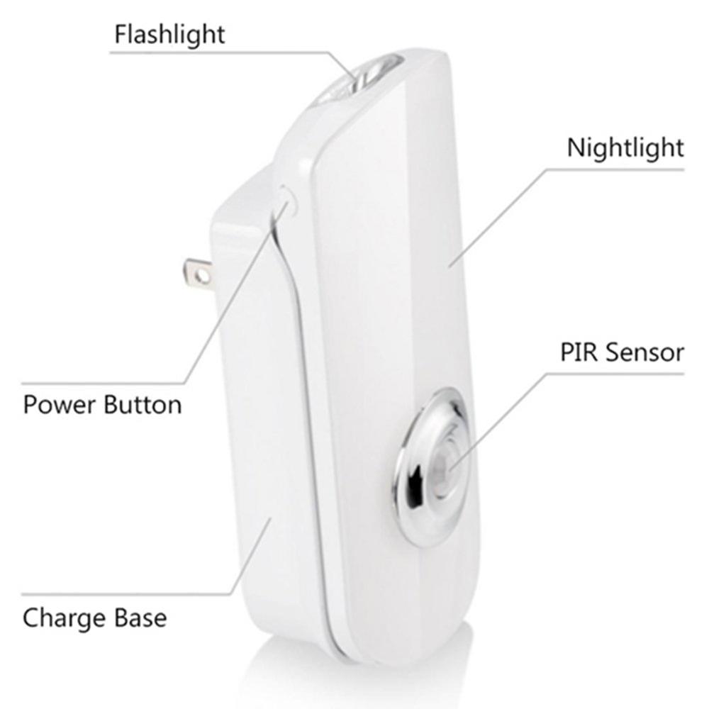 BONASHI LED Night Light Flashlight Motion Sensor Cut Light 3-in-1, Rechargeable Emergency Light - White