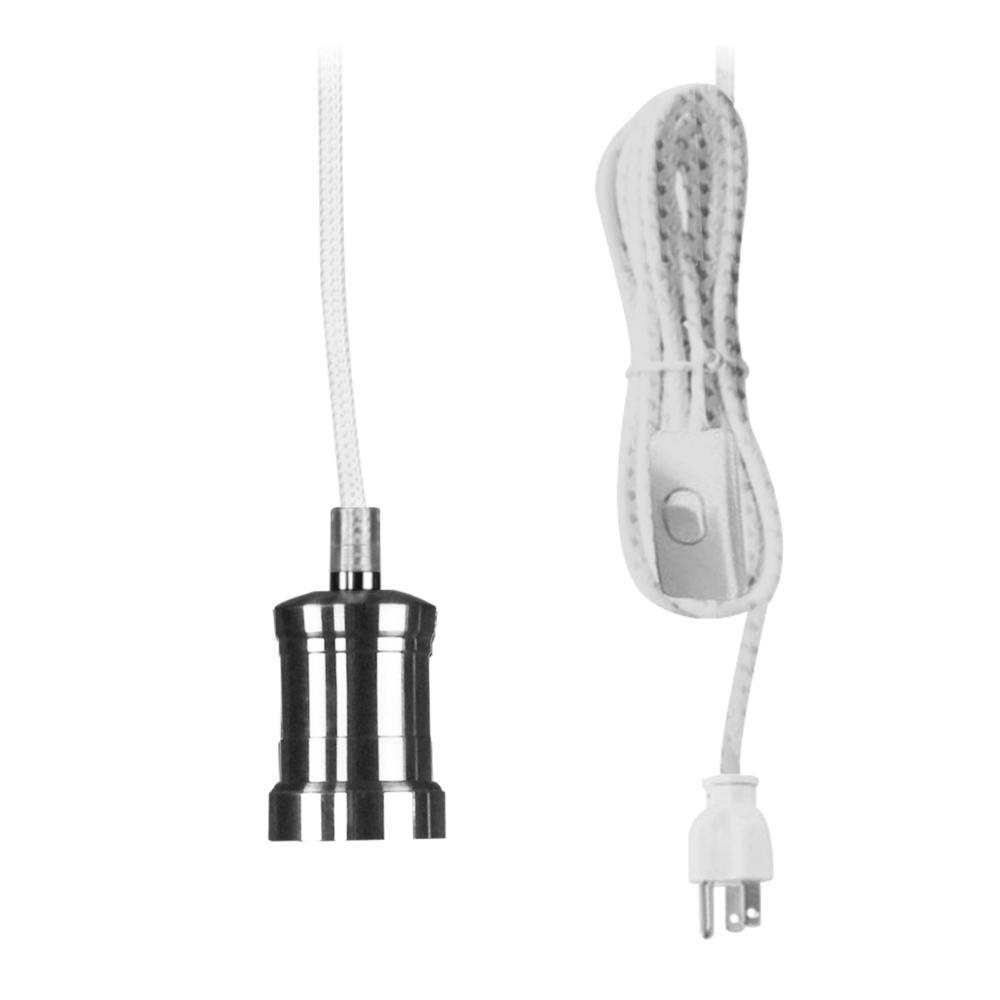 HomeConcept Bare Bulb Pendant Brushed Nickel, 17' White/Gray weave Plug In Swag Light, switch on cord by Home Concept